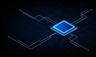 Futuristic microchip processor with lights on the blue background. Quantum computer, concept innovation background, vector design