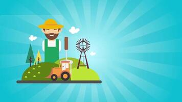 ein Farmer mit ein Traktor und Windmühle auf ein Blau Hintergrund video