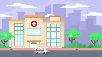 une dessin animé illustration de une hôpital bâtiment video