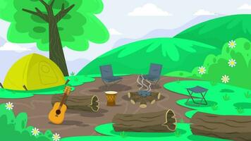 uma desenho animado ilustração do uma acampamento local com uma guitarra e uma barraca video