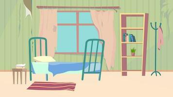 un dibujos animados dormitorio con un cama, silla y estante para libros video