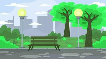 parc banc dans le ville parc avec des arbres et lampe des postes video