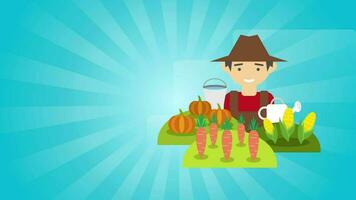 een boer met een gieter kan en wortels Aan een veld- video