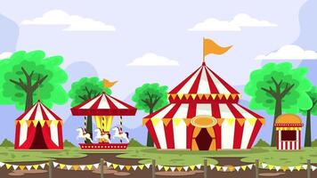 een tekenfilm circus tent met een carrousel en mensen video