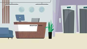a cartoon illustration of a reception desk in a hotel video