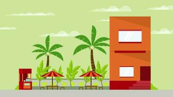 een tekenfilm huis met palm bomen en paraplu's video