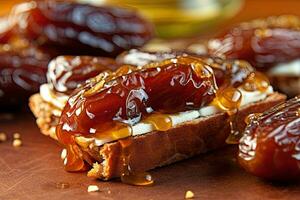 Saudi Arab Dates toast, macro shot of a fresh breakfast with Dripping Honey, AI Generated photo