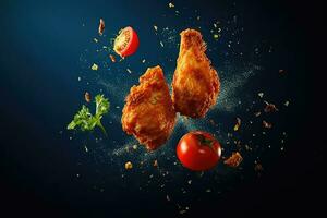 Flying elements of fried chicken with tomatoes and parsley, Generative AI photo