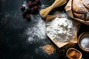 grano rociado harina se sienta en un mesa siguiente a un cuenco de trigo y un cuenco de avena foto