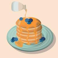 a stack of pancakes with blueberries and syrup being poured on top vector