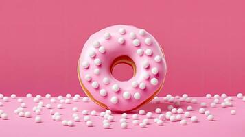 Bitten pink icing donut with marshmallows on pink background, AI Generated photo