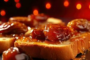 Saudi Arab Dates toast, macro shot of a fresh breakfast with Dripping Honey, AI Generated photo