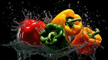 Bell peppers splashing in the water, AI Generated photo