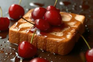 cherry toast, macro shot of a fresh breakfast with Dripping Honey, AI Generated photo