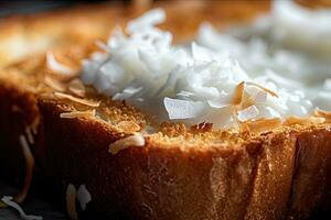 Coconut toast, macro shot of a fresh breakfast with Dripping Honey, AI Generated photo