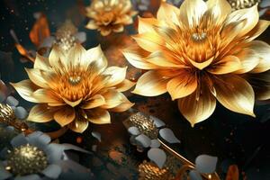 Golden flowers in full bloom with particlesai technology AI Generated photo