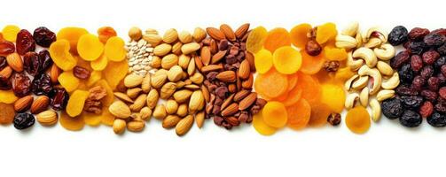 Footer of mix dry fruit on white background, AI Generated photo