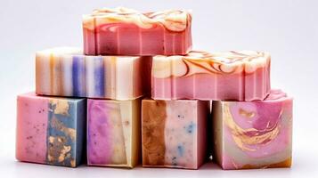 AI Generative various kinds of handmade natural soap on white background natural soap of different shapes and colors top view images photo