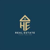 initial letter HE with simple house roof creative logo design for real estate company vector