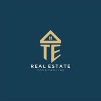 initial letter TE with simple house roof creative logo design for real estate company vector
