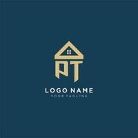 initial letter PT with simple house roof creative logo design for real estate company vector