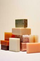 AI Generative variety of handmade natural cold process soap on white marble background colorant from clays photo