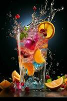 colorful cocktail with ice, fruit, splashes on a dark background photo