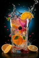 colorful cocktail with ice, fruit, splashes on a dark background photo