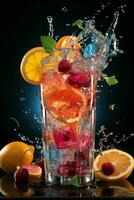 colorful cocktail with ice, fruit, splashes on a dark background photo