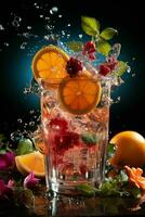 colorful cocktail with ice, fruit, splashes on a dark background photo