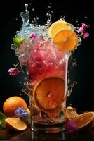 colorful cocktail with ice, fruit, splashes on a dark background photo