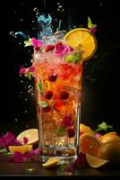 colorful cocktail with ice, fruit, splashes on a dark background photo