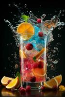 colorful cocktail with ice, fruit, splashes on a dark background photo