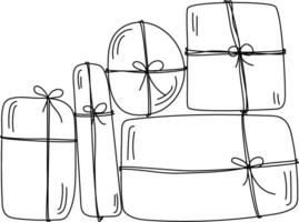 Set boxes gift line art present in wrapping paper tied with a ribbon vector