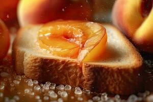 peach toast, macro shot of a fresh breakfast with Dripping Honey, AI Generated photo