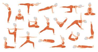 Set of poses elderly woman yoga. Yoga asana. Full body yoga workout. Healthy lifestyle. Flat cartoon character. Vector illustration