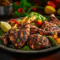 Slices of home-made jerk chicken fillets marinated in jerk seasoning, AI Generated photo