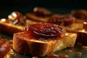 saudi árabe fechas tostada, macro Disparo de un Fresco desayuno con goteo Miel, ai generado foto