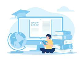 Tiny student sitting on book pile and reading, glossary concept flat illustration vector