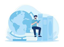 Tiny student sitting on book pile and reading, glossary concept flat illustration vector