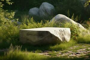 A white round device sits on a table in front of a jungle background photo