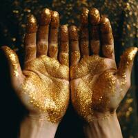 manos sumergido en oro Brillantina, empapado en oro agitación, ai generado foto