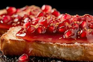 Pomegranate toast, macro shot of a fresh breakfast with Dripping Honey, AI Generated photo