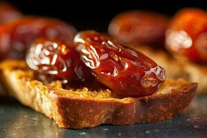 Saudi Arab Dates toast, macro shot of a fresh breakfast with Dripping Honey, AI Generated photo