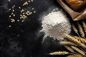 grano rociado harina se sienta en un mesa siguiente a un cuenco de trigo y un cuenco de avena foto