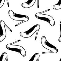 High heels seamless vector pattern. Beautiful vintage shoes for stylish girls and women. Fashion footwear. Accessory for a party, wedding, date. Simple doodle, outline. Black and white background