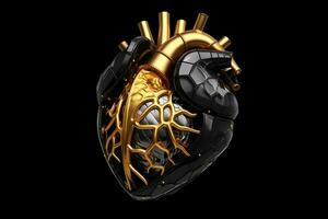 3d illustration of Human Heart made of black onyx, golden highlights AI Generated photo