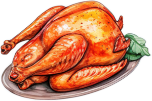 Baked turkey for thanksgiving day. Watercolor illustration. Sticker png