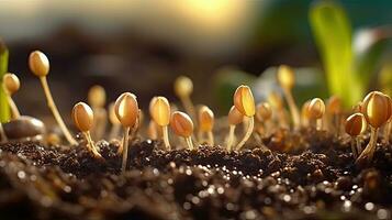 germinando semillas de vegetal en el tierra en varios estaciones, ai generado foto