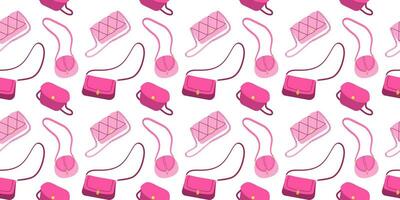 Seamless pattern with glamorous trendy pink different female bags. Flat vector illustration on white background. Nostalgic Pinkcore 2000s style collection. Valentines day.